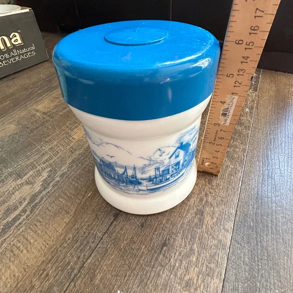 Vintage Belgium Delft Blue Milk Glass Canister Nautical Lighthouse Scene 6in